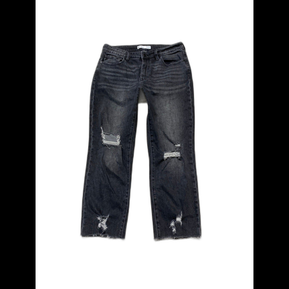 Kancan High Rise Straight Crop Distressed Raw Hem Stretch Jeans Washed Black 29